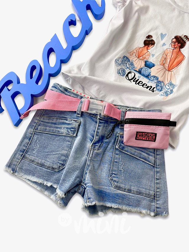 Jeans kraťasy s růžovým páskem