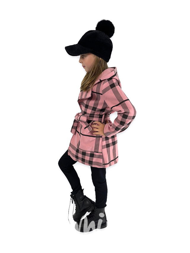 Flaušový hoodie kabát karo pink