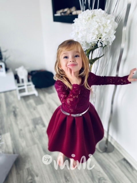 Dětské bordó krajkové šaty s dlouhým rukávem