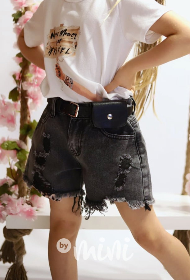 Ripped black jeans shorts s páskem