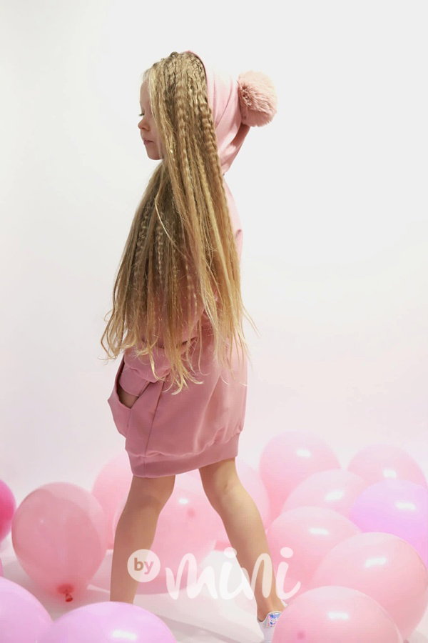 Hoodie mikinová tunika s bambulkama pink