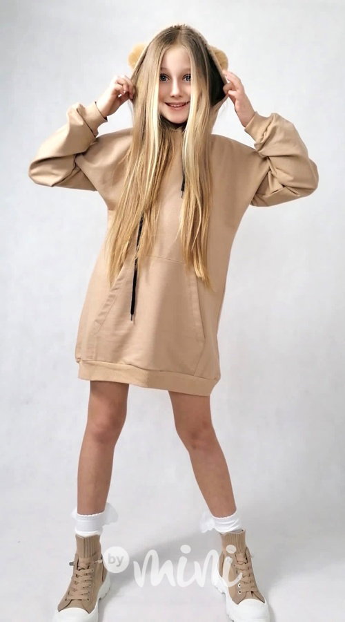 Hoodie mikinová tunika s bambulkama beige