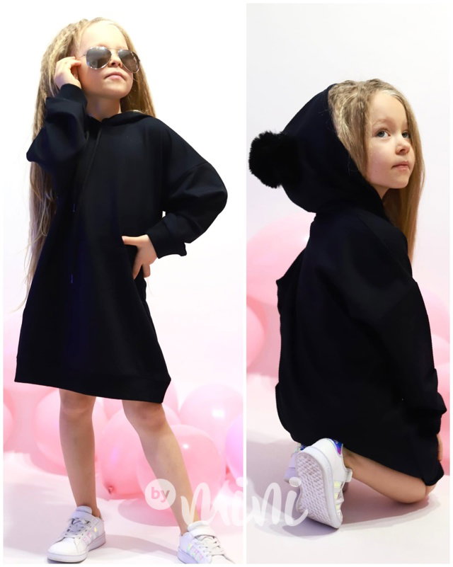 Hoodie mikinová tunika s bambulkama černomodrá