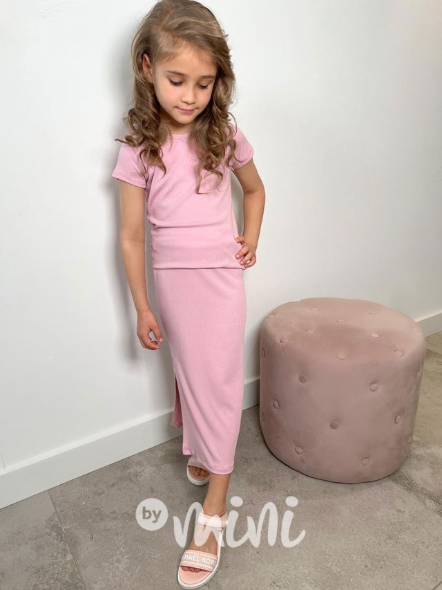 Triko + midi sukně pudder pink