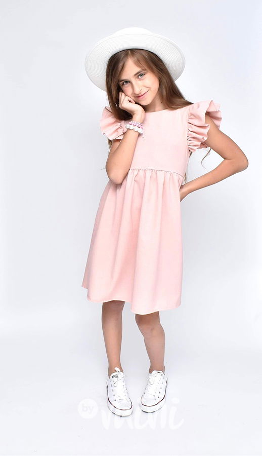 Pudder pink šaty s řasenými rukávy