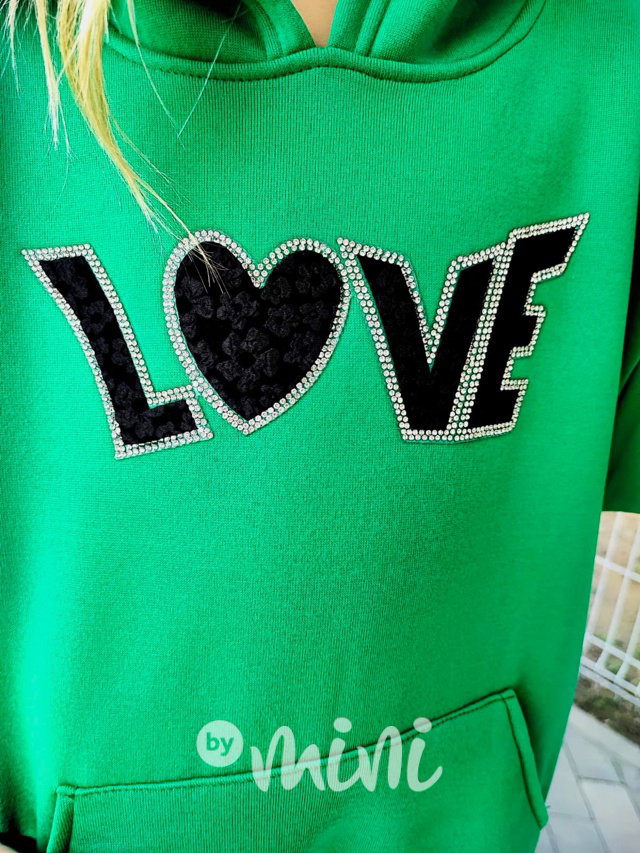 LOVE flísové mikinové hoodie šaty zelené