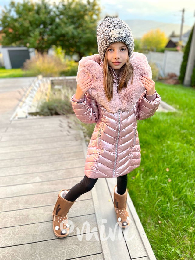 Zimní kabát s kožíškem pearl pink