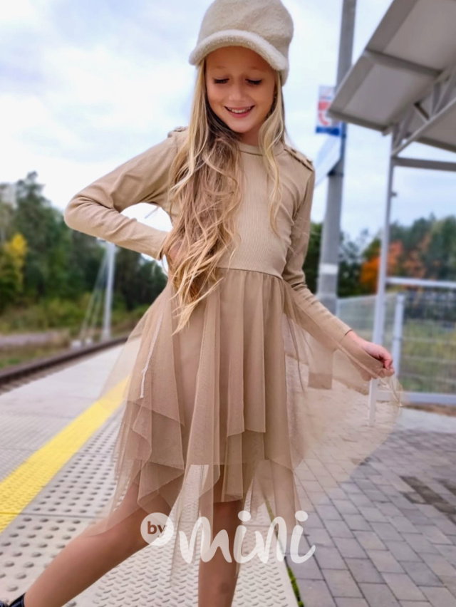 Žebrované šaty s tylem beige