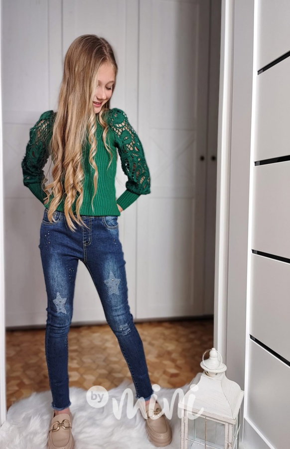 Lehce oteplené jeans jegginy zdobené kamínky