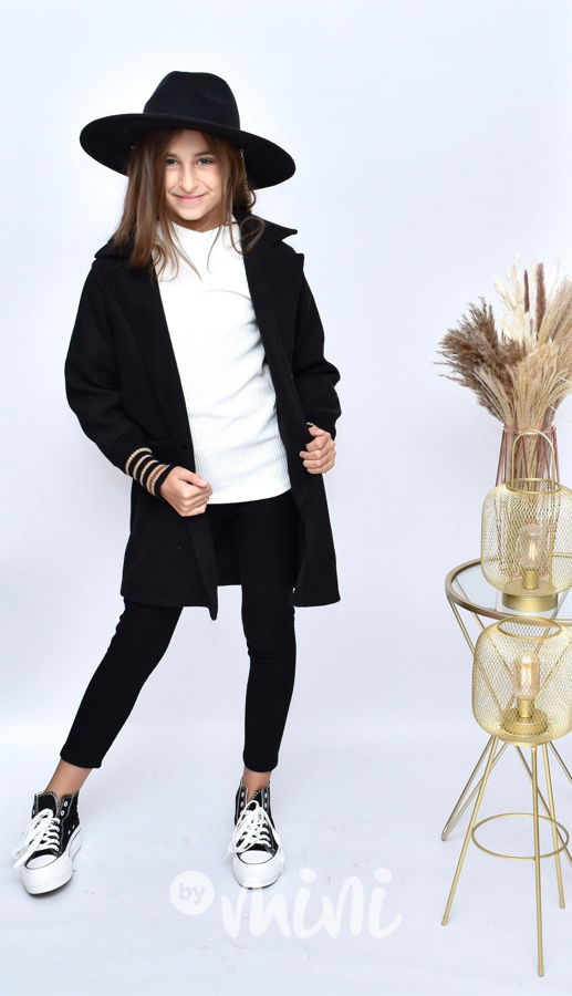 Flaušový kabát s dlouhými náplety černý