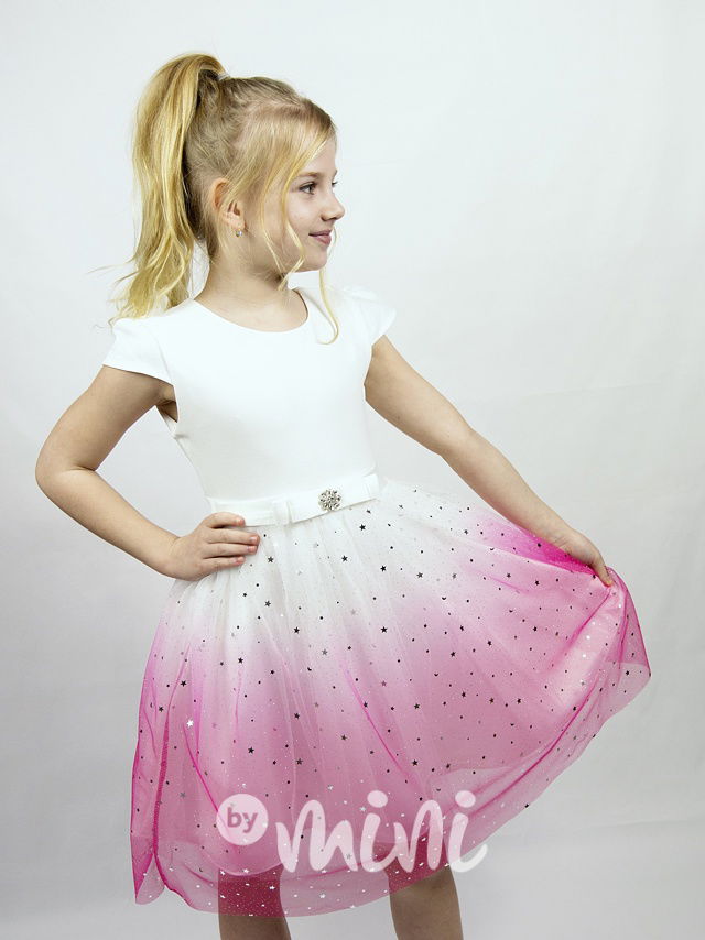Společenské ombre šaty s hvězdičkami white/pink
