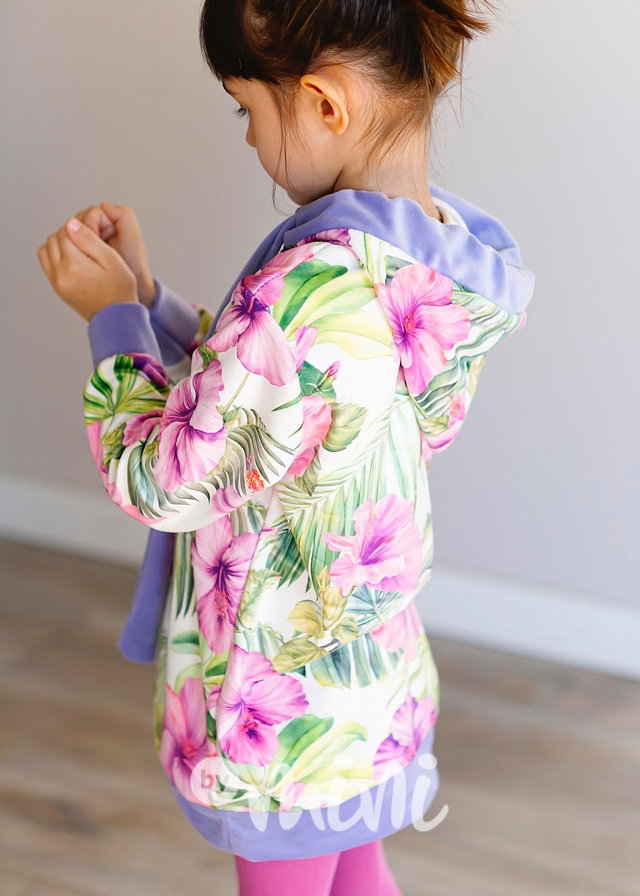 Soft velurová hoodie tunika flowers lila