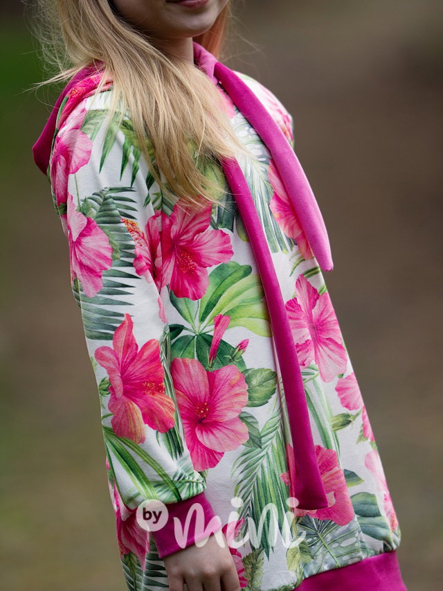 Soft velurová hoodie tunika flowers amarant