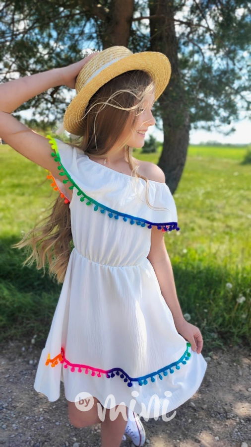 Boho beach dress pompon white