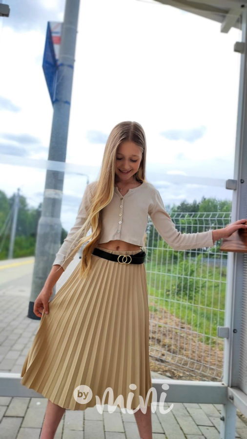 Midi plisovaná sukně s páskem béžová