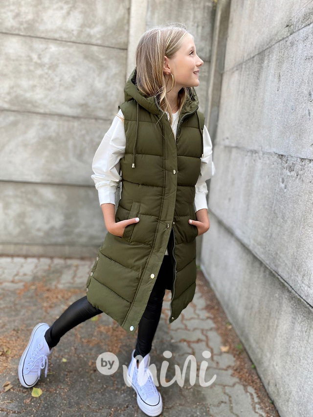 Long khaki vesta s kožíškem uvnitř