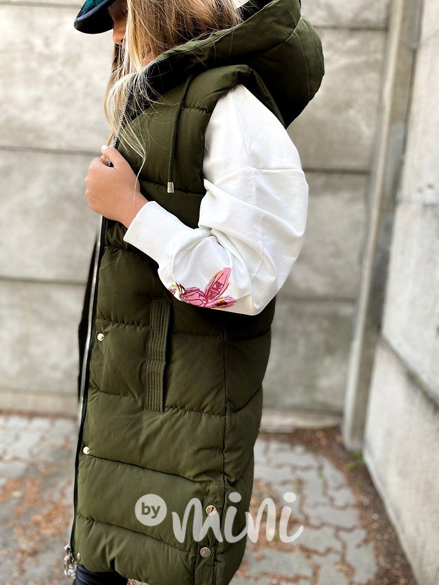 Long khaki vesta s kožíškem uvnitř