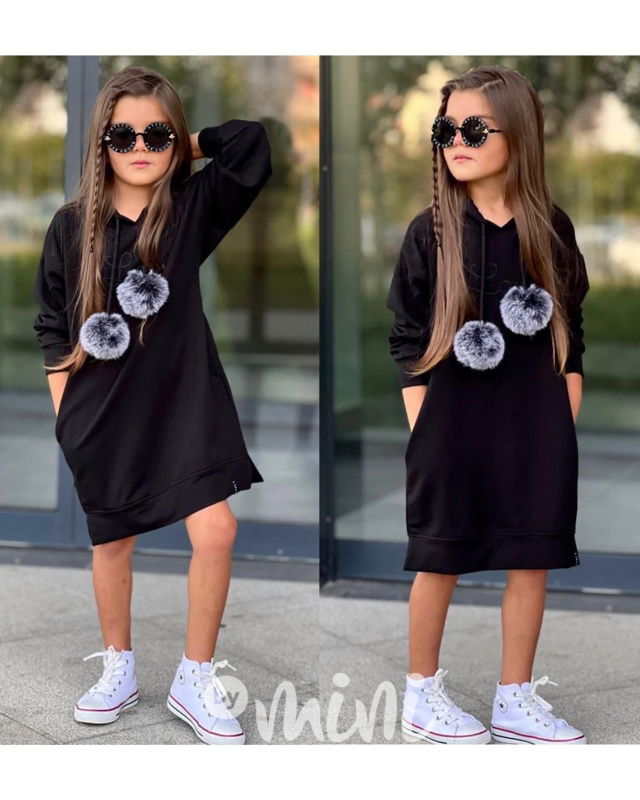 Hoodie mikinové šaty pompon black