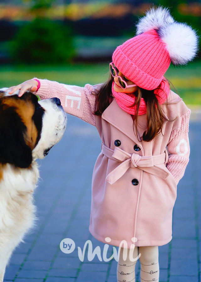 Pletená beanie čepice pompons + nákrčník pink