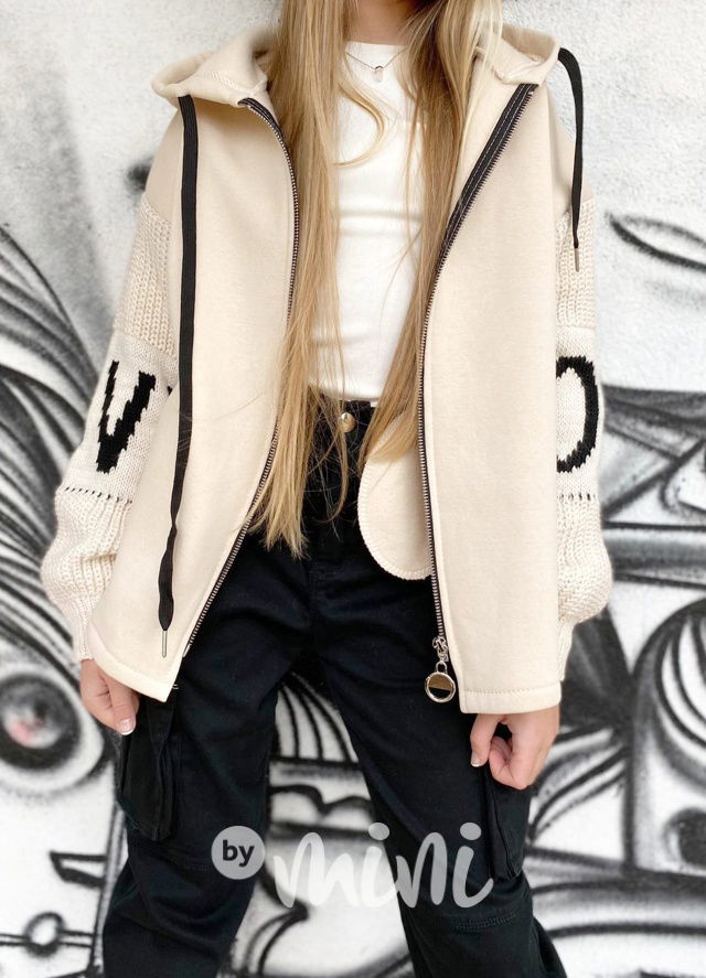 LOVE teplá mikina se svetrovými rukávy béžová