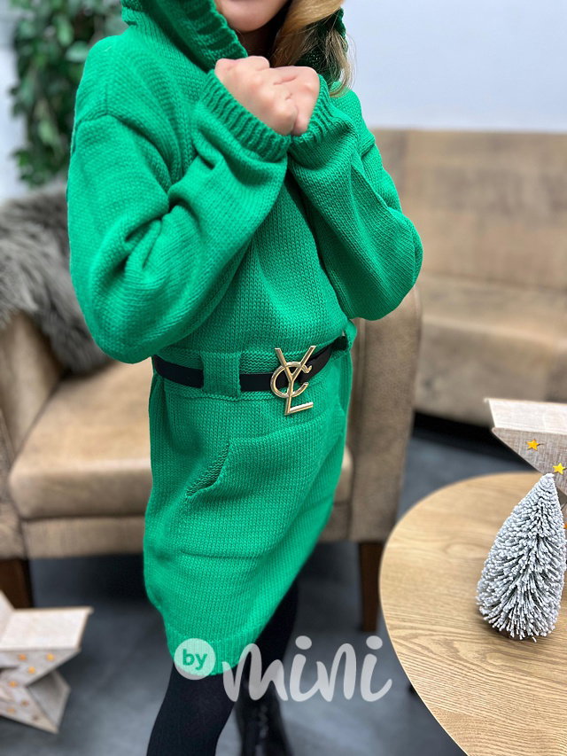 Svetrové hoodie šaty s páskem green