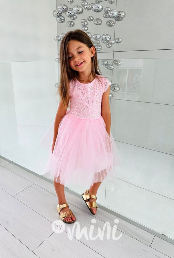 Summer princess krajkové šaty s maxi tylovou sukní růžové