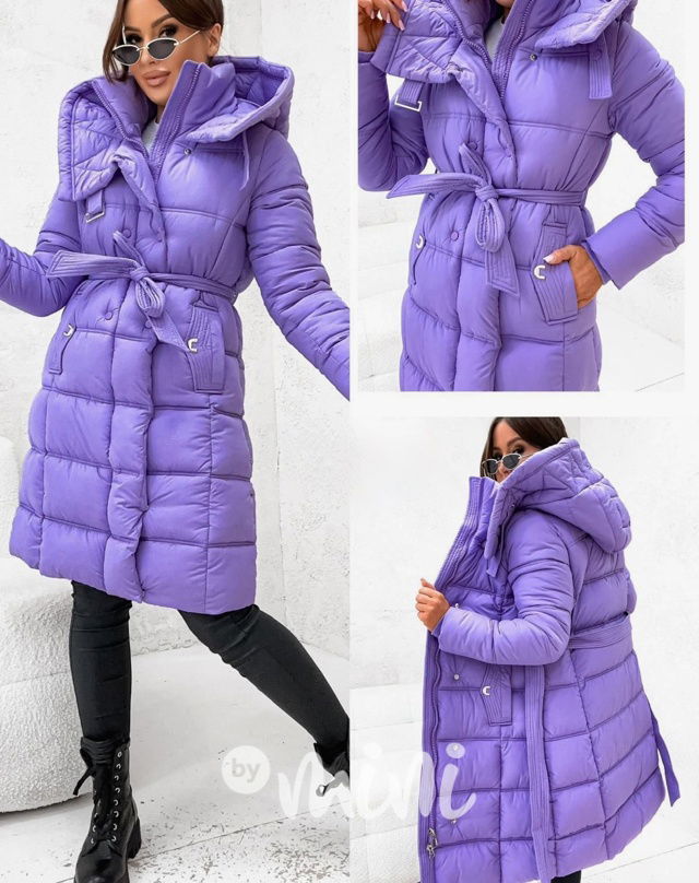 Zimní dlouhý kabát s páskem lila
