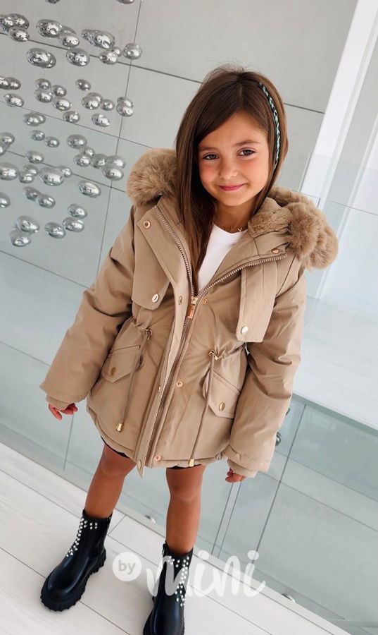 Zimní kožíšková parka tmavě béžová