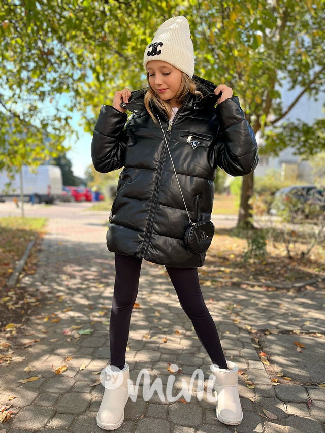 Eco leather zimní bunda s kabelkou černá