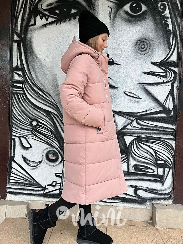 Maxi dlouhý zimní kabát DESIGN růžový