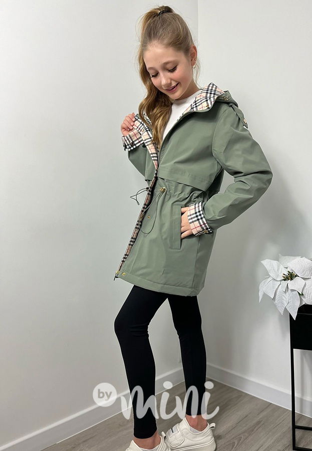 Khaki jarní parka pro holky s kapucí