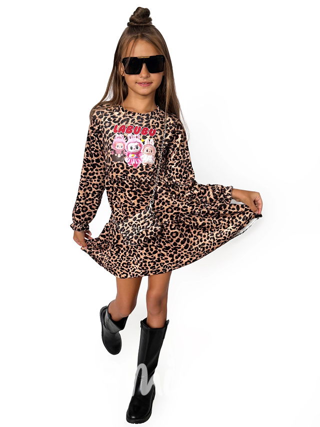 Labubu soft velur leopard šaty s kabelkou