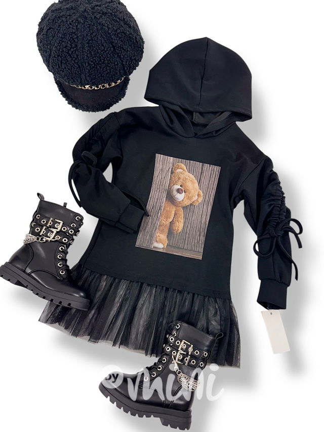 Teddy mikinová hoodie tunika s tylem černá