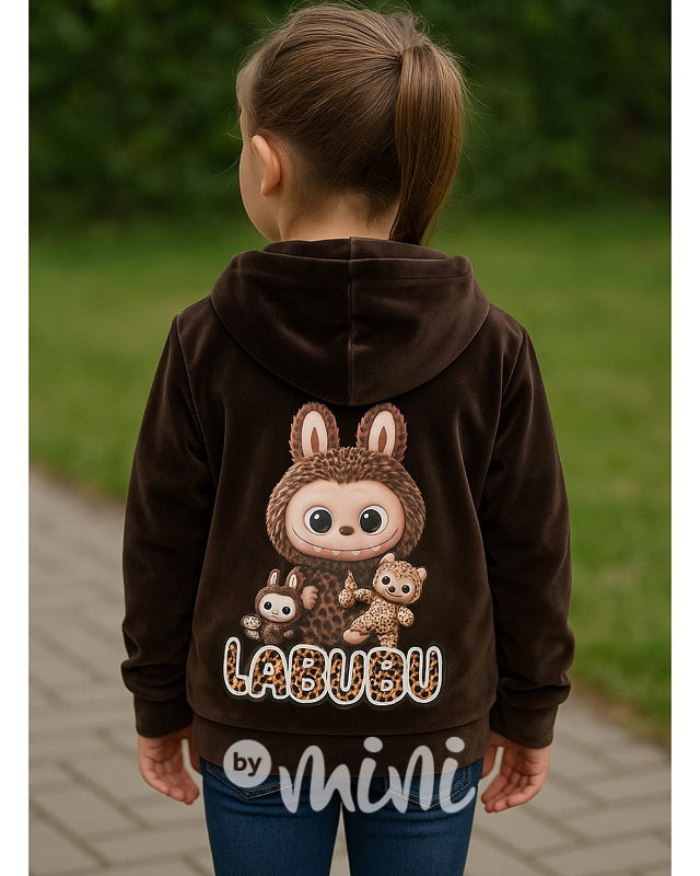 Labubu soft velur mikina leopard čokoládová