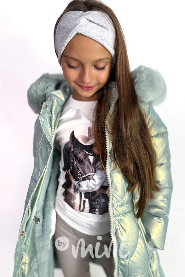 Metalický zimní kabát s kožíškem mint