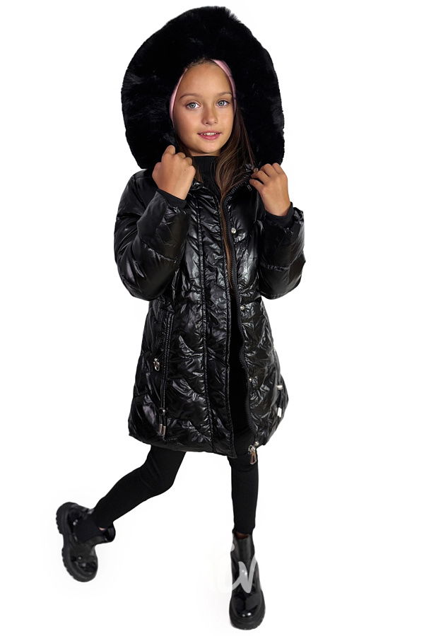 Metalický zimní kabát s kožíškem černý