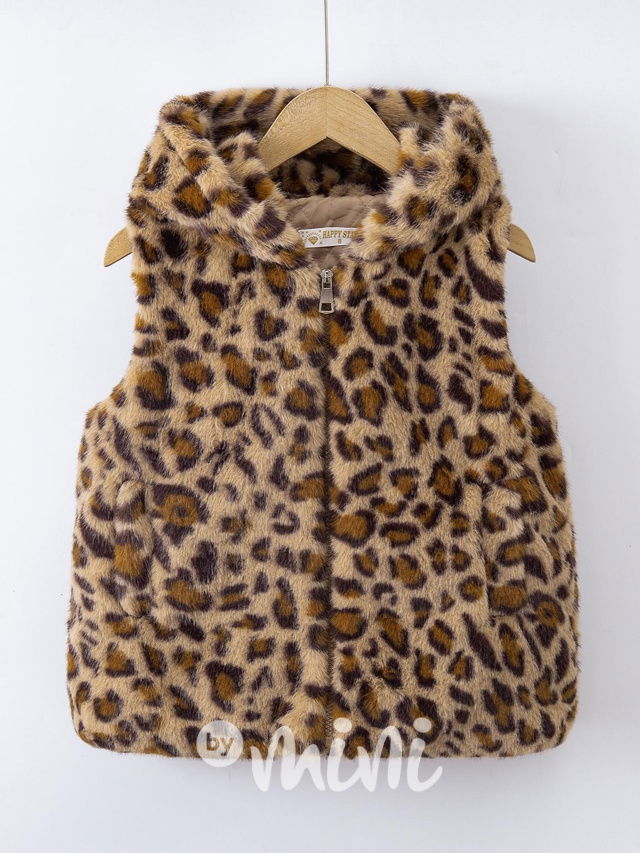 Leopard chlupatá hoodie vesta