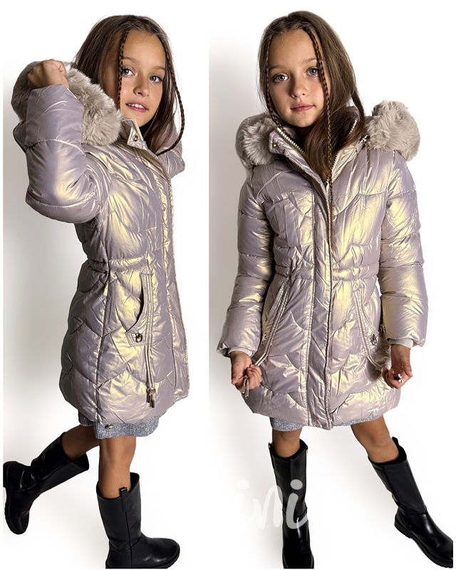 Metalický zimní kabát s kožíškem silver