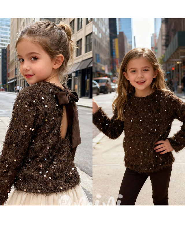 Chlupatý svetřík s flitry a mašlí hnědý