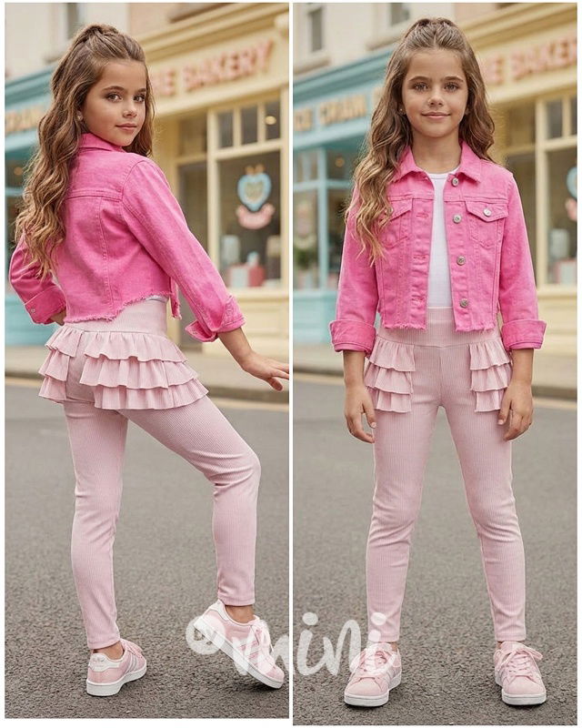 Žebrované legíny s volánky růžové