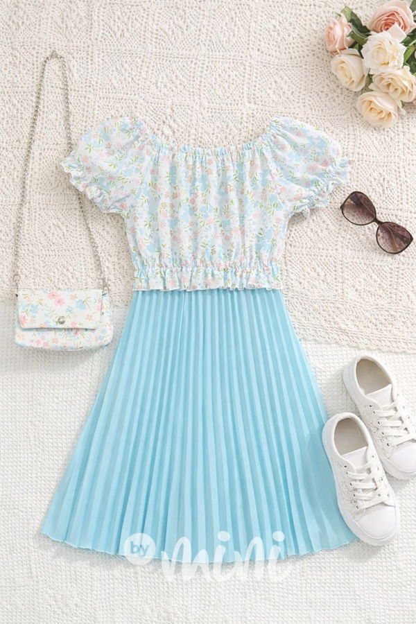 Květované šaty s plisovanou sukní + kabelka tyrkys