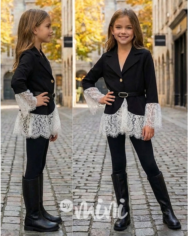 Černé sako s krajkou a páskem