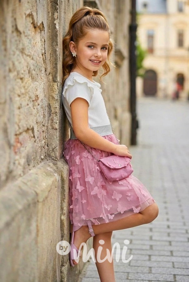 PREMIUM letní motýlkové šaty s kabelkou white/pink
