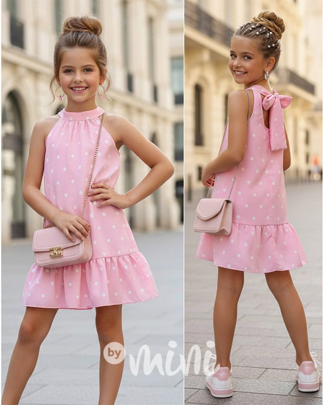 Mini chic šaty s puntíky růžové