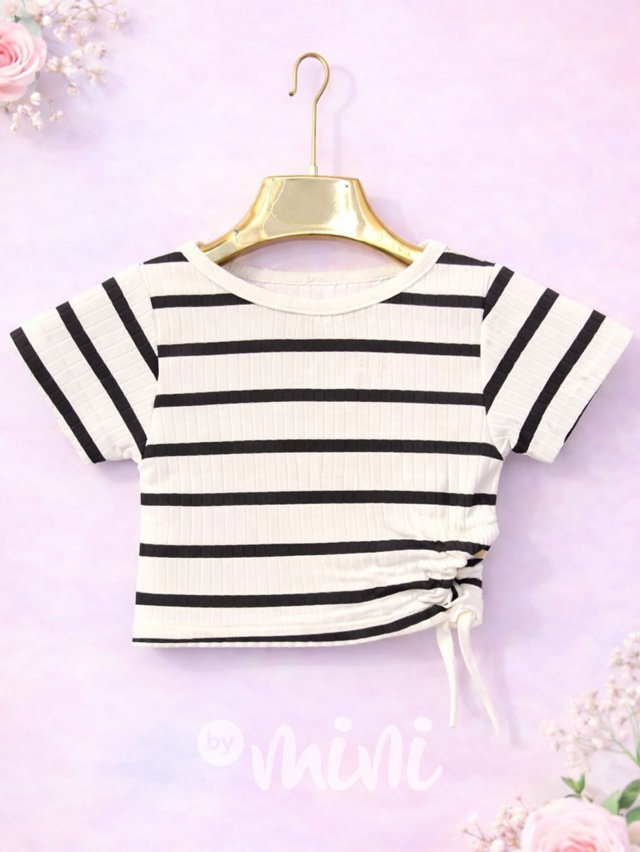 Pruhované crop triko na stahování white/black