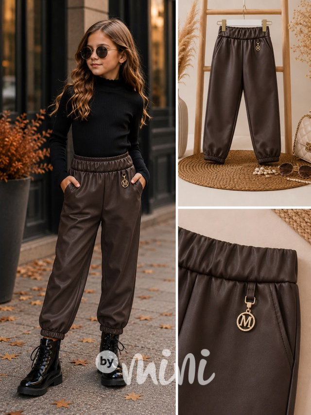 Zateplené eco leather kalhoty hnědé
