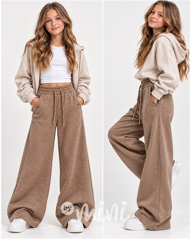 Podzimní teplé široké kalhoty beige melange Palazzo