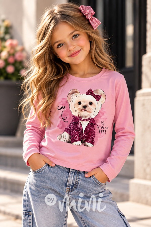 Podzimní triko s dlouhým rukávem CUTE s kamínky pink