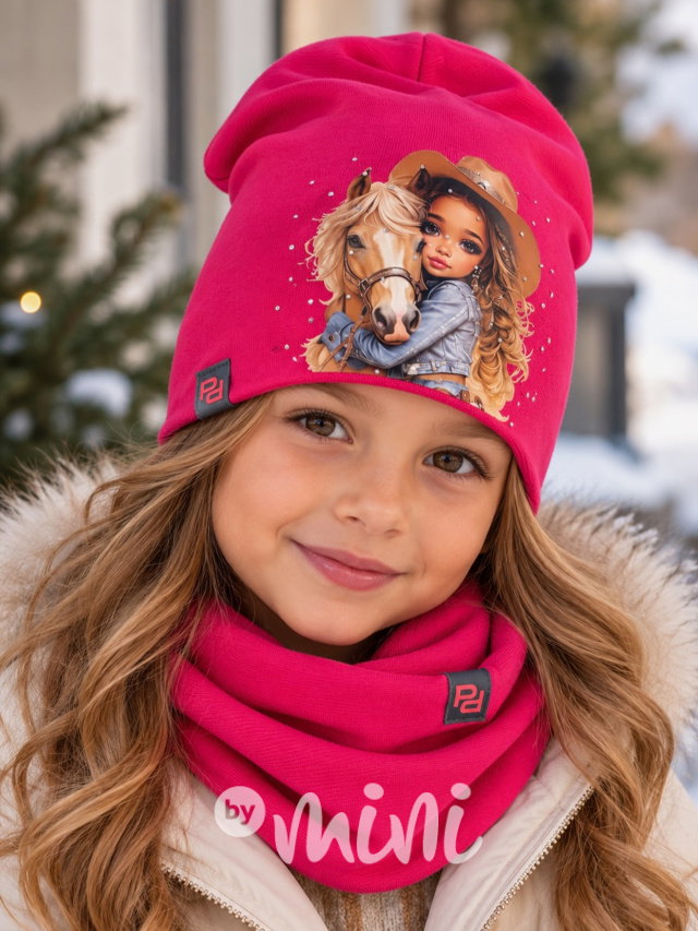 Cowgirl čepice + nákrčník s kamínky dark pink