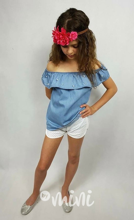 Jeans blůzka hispánka s perličkami